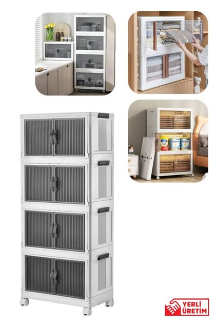 Çok Amaçlı Kapaklı Portatif Istiflenebilir Tekerlekli Organizer Dolap 4 Lü Beyaz