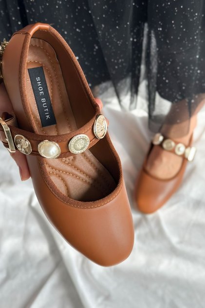 Brianna Tan Leather Buckle Detail Women's Ballerinas