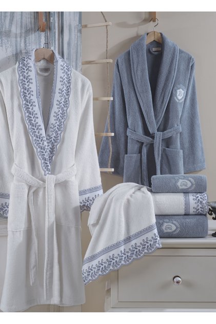 Lima 6-Piece Embroidered Cotton Bathrobe Set - Cream/Blue