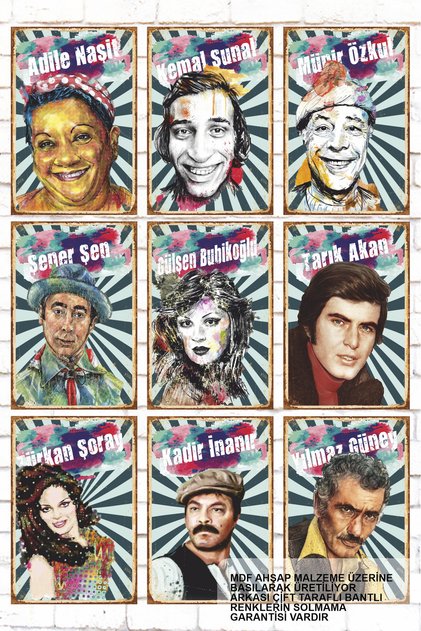 9 Piece Mixed Script Wooden Painting Set Greenwood Turkish Cinema Portraits Retro Wooden Poster Set