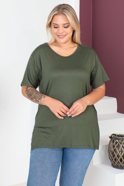 Plus Size New Season Comfort Model Crew Neck Short Sleeve Combed Cotton Slit Tunic T-Shirt