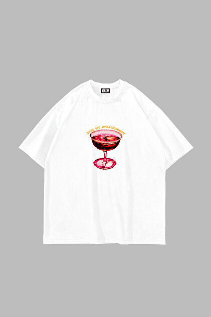 Bite My Strawberry Printed White Oversize Unisex Tshirt