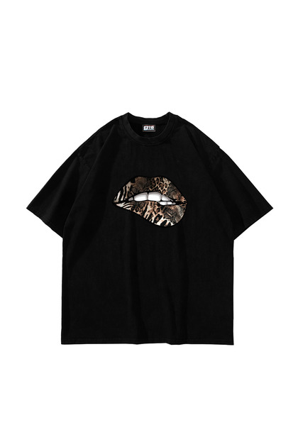 Leopard Lips Printed Oversize Unisex Black Tshirt