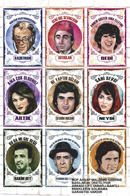 Hayat Poster 9 Parça Karışık Yazılı Ahşap Tablo Seti yeşilçam türk