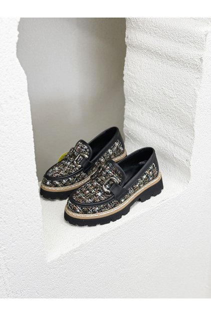 D25Ya-3770 Front Buckle Detail Shanel Fabric Genuine Leather 4 cm Thick Sole Loafer Women