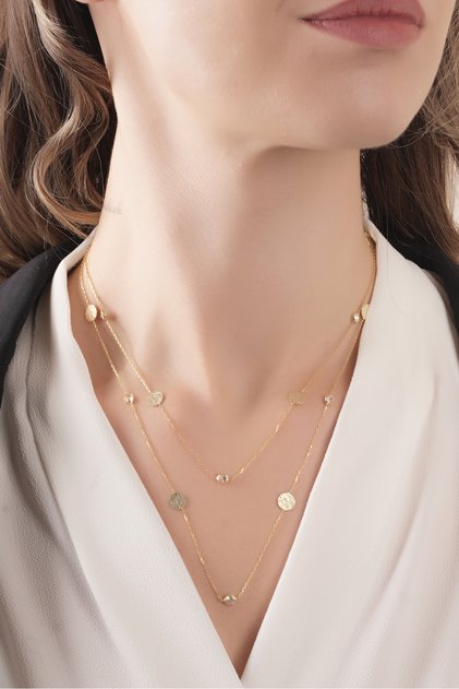925 Ayar Gümüş Gold Kaplamalı Zirkon Taşlı Pul Kolye