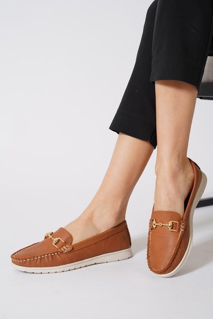 Taorga Sarac Buckle Genuine Leather Women's Babet Taba Skin