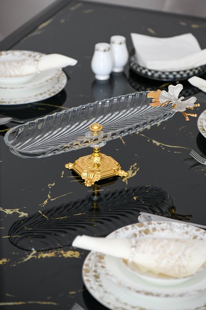 Goldy Glass Kayık Presentation Plate Metak Butterfly Breakfast Serving Plate 39*14