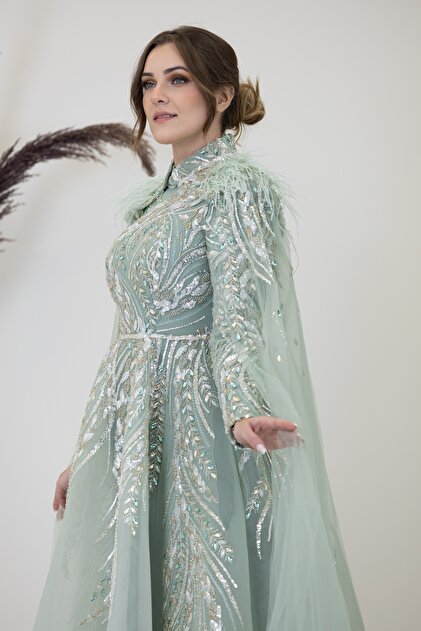 piennar modest evening dress product info and reviews PİENNAR Irmak Evening Dress with Capes on the Arms- Trendyol