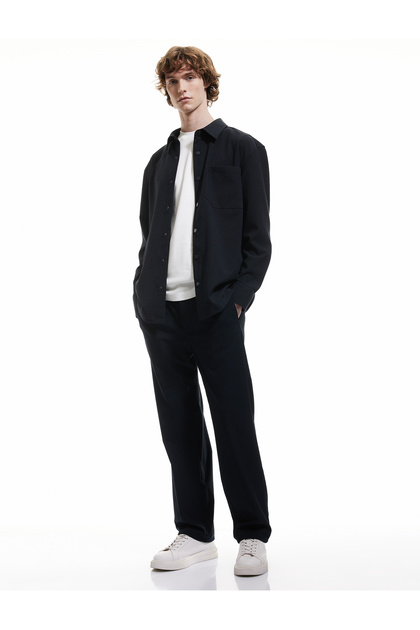 Snap Button Detailed Pocket Regular Fit Viscose Blended Long Sleeve Shirt