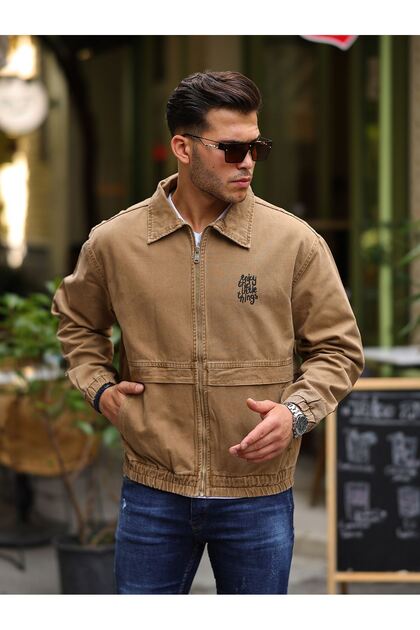 Oversize Tan Printed Men's Zippered Bomber Denim Jacket