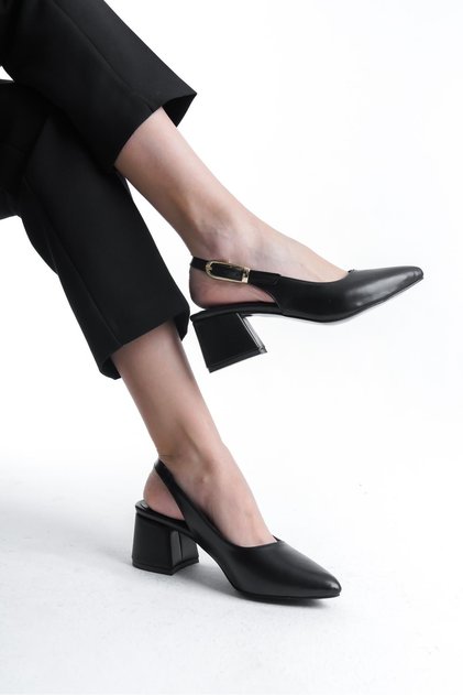 Black Skin Gold Buckle Detailed Women's Thick Heeled Shoes