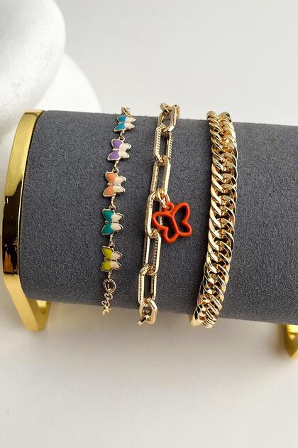Gold Color Colorful Butterflies Triple Bracelet Set (17+5cm)
