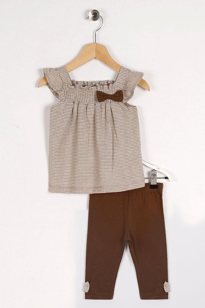 Turtleneck Zero Sleeve Skittle Shoulder Detailed Beige Colored Girl's Tights Set