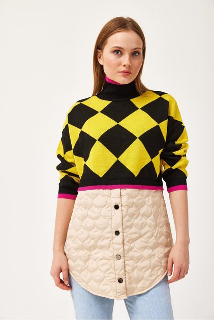 Quilted Plaid Knitwear Sweater Yellow
