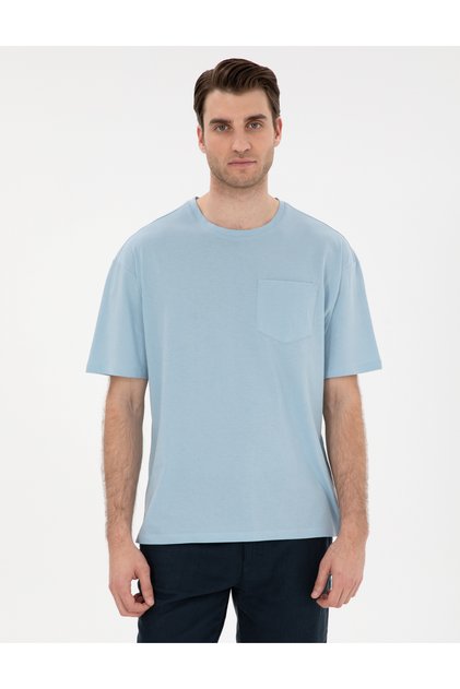 Light Blue Comfort Fit 100% Cotton Crew Neck Basic T-Shirt 50306991-Vr003