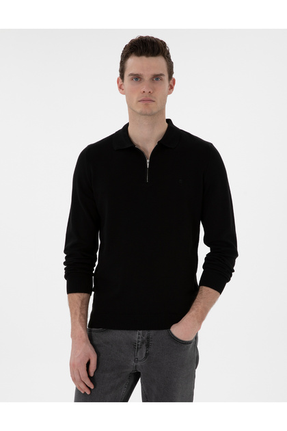 Black Slim Fit Zippered Polo Neck Wool Blend Basic Knitwear Sweater 50312570-Vr046