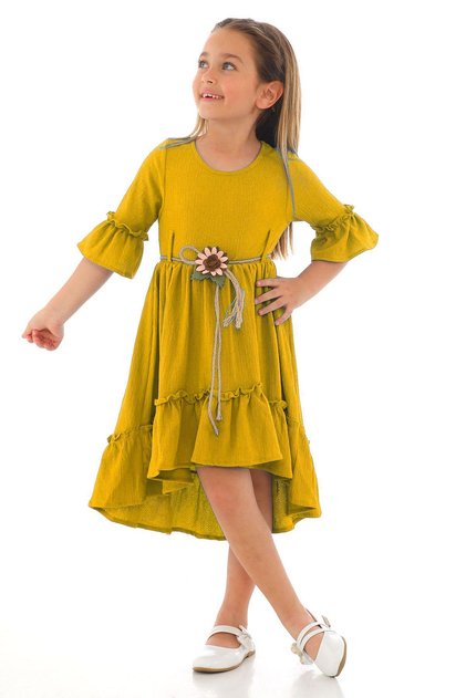 Crew Neck Watermelon Sleeve Waist Straw Belted Mustard Color Girl's Dress