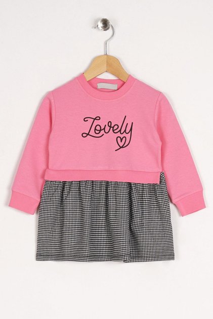 Crew Neck Long Sleeve Lovely Printed Skirt Plaid Dark Pink Color Girl's Dress