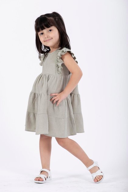 Cagla Green Color Girl's Waffle Dress with Ruffled Sleeves