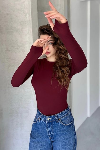 Kadın Bisiklet Yaka %100 pamuk parmak detaylı Likralı body