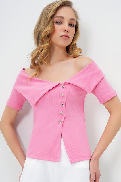 Women Pink Madonna Collar Button Detail Short Sleeve Blouse Alc-X13664