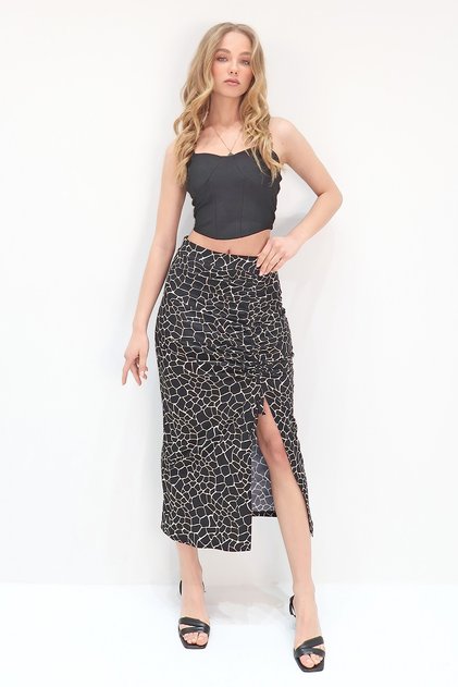 Women's Black-Patterned Adjustable Gathered Asymmetrical Cut Slit Skirt Alc-X13766