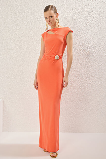 Trendyol Collection Orange Straight Straight Cut Accessory Detailed Knitted  Sandy Maxi Evening Dress & Homecoming Dress- Trendyol