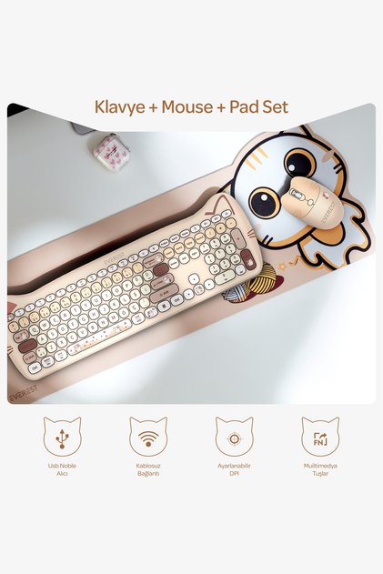 Catty Wireless-Bluetooth Kablosuz Bej Ultra Sessiz Q Klavye Mouse Mouse Pad Set Km-6283