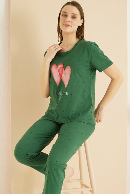 Green Patterned Cotton Crew Neck Knitted Pajama Set 25103223