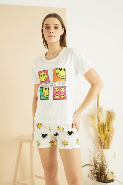 White Patterned Cotton Crew Neck Knitted Shorts Set 25101104