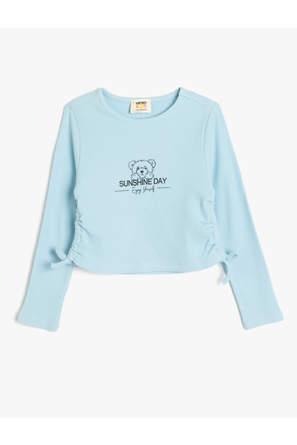 Crop T-Shirt Long Sleeve Crew Neck Gathered Sides Tie-Up Bow Printed Cotton