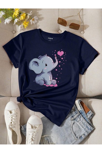 Women's Navy Blue Elephant Heart Printed Oversize T-Shirt
