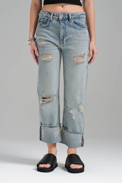 Women's Blue Color Leg Detailed Boyfriend Fit 100% Cotton Denim Jean