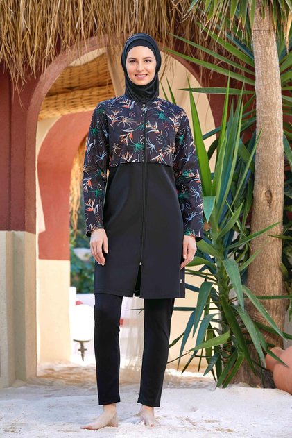 Black Women's Lycra Full Covered Hijab Swimsuit