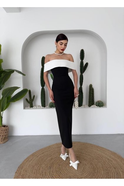 White Madonna Strapless Neck Midi Length Premium Flared Dress