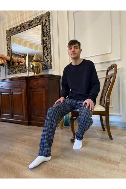 Men's combed cotton long sleeve six-plaid pajama set - men's 100% cotton bottom and top set