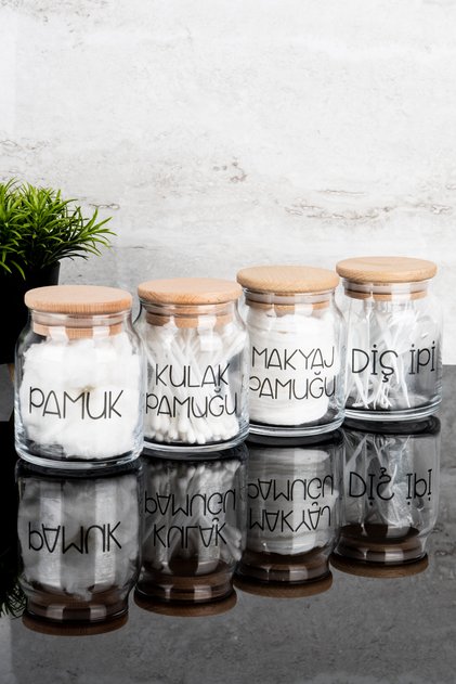 Set of 4 Cotton with Wooden Cover - Ear Cotton and Dental Floss Bath Set with Transparent Labels