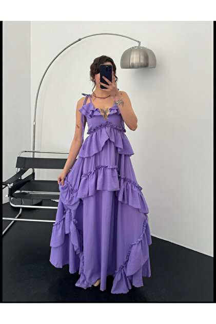 Rochie lungă premium cu bretele, decolteu halter, detaliu cu fundă, stil elenistic, cu volane