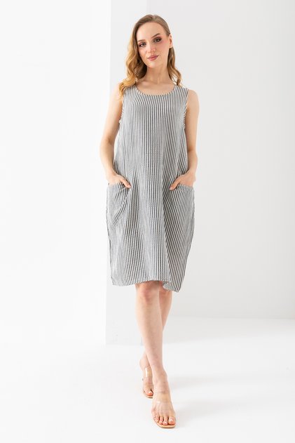 100% Organic Cotton Women's White Smoked Striped Sleeveless Dress