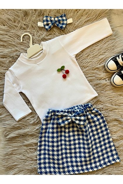 Festive Houndstooth Pattern Bow Skirt Stretchy Camisole Blouse and Bandana Set of 3