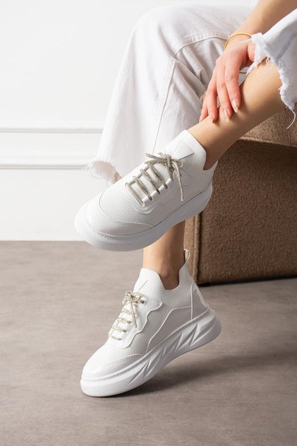 Polivya Kadın Sneakers Taşlı Bağcıklı Triko Dokumalı Spor Ayakkabı Beyaz Deri