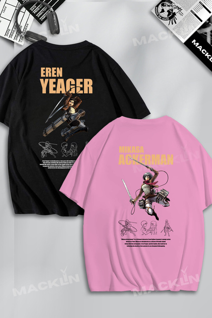 Lover & Friend Couple Combination Eren Yeager & Mikasa Ackerman Printed Design Oversize T-Shirt 2 Pcs