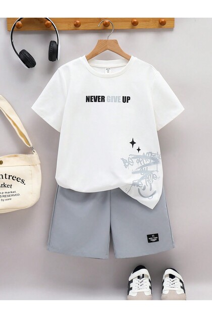 Never Give Up Baskılı Beyaz Gri %100 Pamuk Çocuk Takım