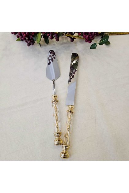2 Piece Crystal Handle Cake Serving Set Gold