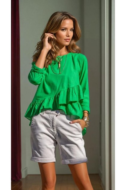 Women's Ruffled, Long Back Cotton Linen Relaxed Cut Blouse Green 700-3571319