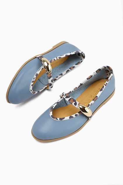 Genuine Leather Aliana Blue Buckle Leopard Detailed Women's Ballerinas