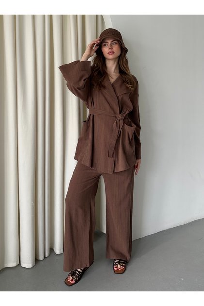 Brown Romina Raw Linen Jacket Pants Set - 8447