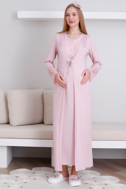 Maternity Short Sleeve Nightgown & Dressing Gown Set / Lace and Button Maternity Clothing / Maternity Suit