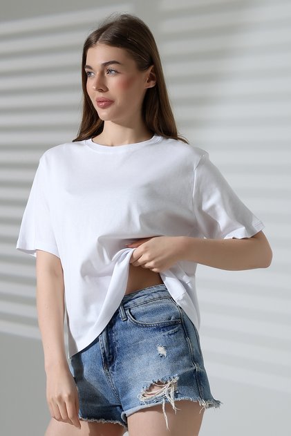 100% Cotton Ribbed Fabric Crew Neck Short Sleeve Oversize Basic Plain Women's T-Shirt 21964 White